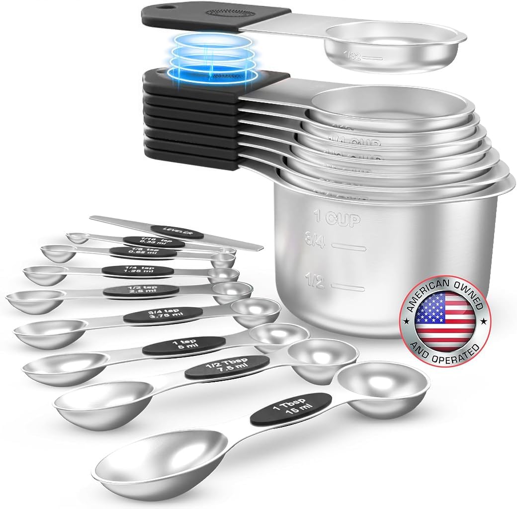 Magnetic Measuring Cups and Spoons Set of 17 - Stackable Stainless Steel Magnetic Measuring Spoons Set with Leveler - Dual Marking Scale Measuring Cup for Dry and Liquid Ingredients, Baking & Cooking