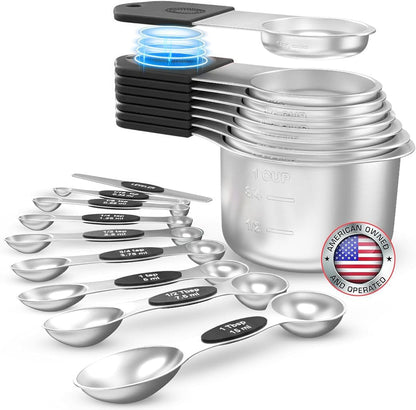 Magnetic Measuring Cups and Spoons Set of 17 - Stackable Stainless Steel Magnetic Measuring Spoons Set with Leveler - Dual Marking Scale Measuring Cup for Dry and Liquid Ingredients, Baking & Cooking