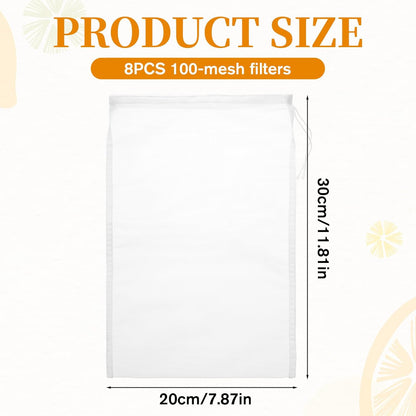 8 PCS Nut Milk Bag Reusable Nylon Cheese Cloth Bag for Straining 30 * 20cm Fine Mesh Strainer Bags Juicing Bags with Drawstring for Filtering Nut Milk Cold Brew Coffee Greek Yogurt Tea Juice