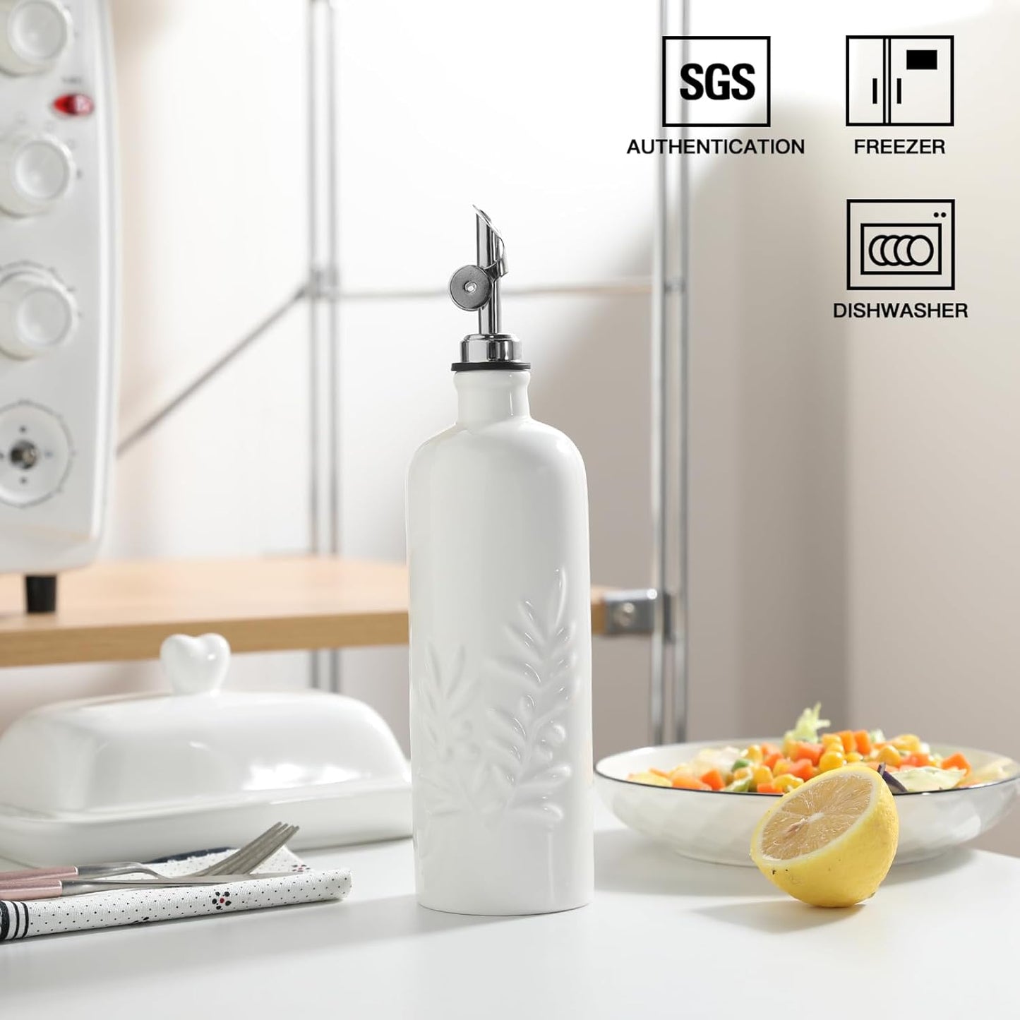 Sweejar Ceramic Olive Oil Dispenser Bottle, 17 FLOZ Oil Bottle with Spout，Porcelain Oil Dispenser for Kitchen,Cooking, Evoo, Vinegar, Soy Sauce, Pack of 1 (Beige)