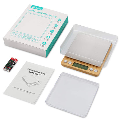 (Upgraded) AMIR Digital Kitchen Scale, 500g Mini Pocket Jewelry Scale, Food Scale, Coffee Scale, Back-Lit LCD Display, 2 Trays, 6 Units, Auto Off, Tare, PCS, Stainless Steel (Batteries Included)