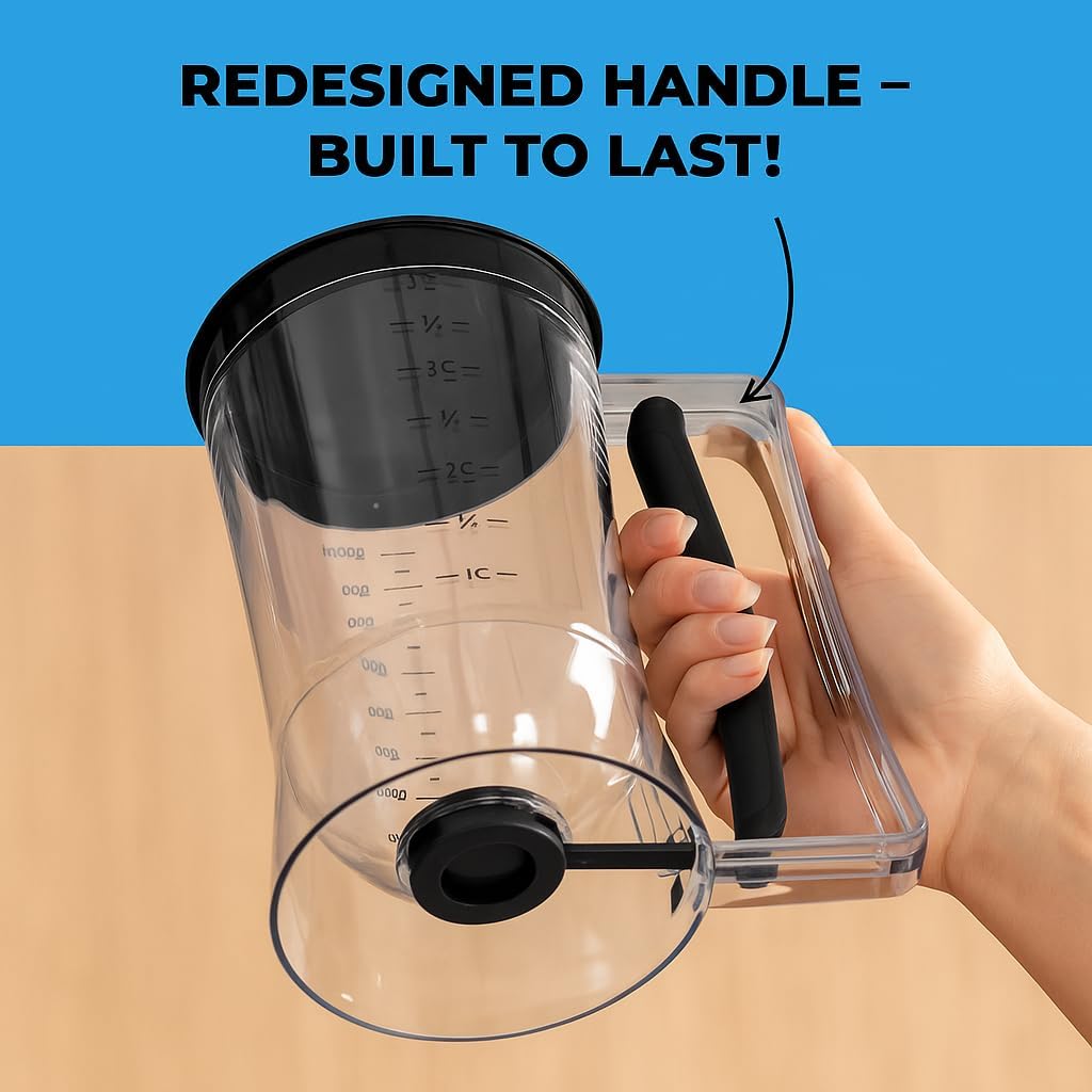 Pancake Batter Dispenser - Kitchen Must Have Tool for Perfect Pancakes, Cupcake, Waffle, Muffin Mix, Cake & Crepe - Easy Pour Baking Supply for Griddle - Pancake Maker with Measuring Label (Turquoise)