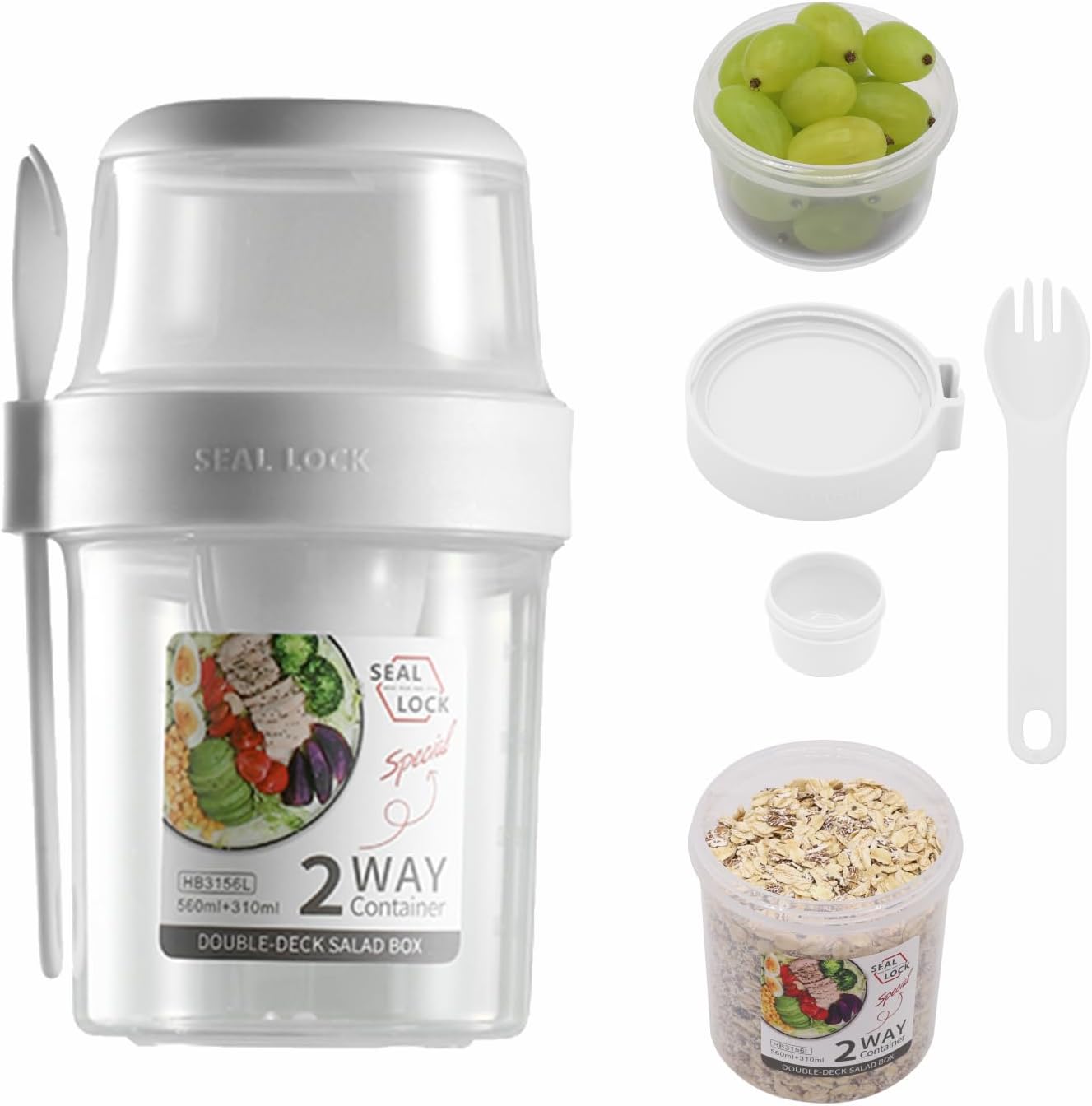 Breakfast On The Go Cups, Salad Cup To Go, Take And Go Yogurt Cereal Overnight Oats Snack Parfait Containers & Salad Dressing Holder With Fork For Lunch, Fruit & Vegetable Jar(White,29.5oz)