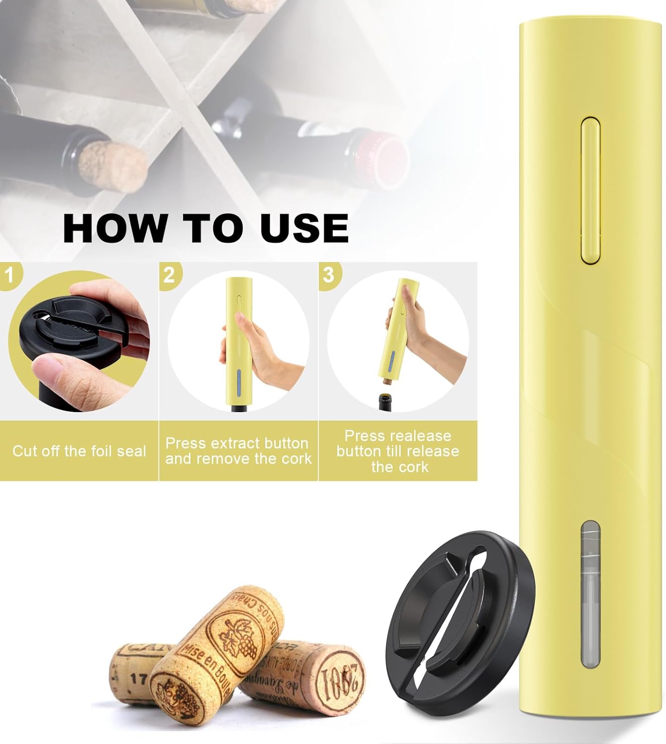 COKUNST Electric Wine Opener, Battery Operated Wine Bottle Openers with Foil Cutter, One-click Button Corkscrew Remover for Home Kitchen Party Wedding