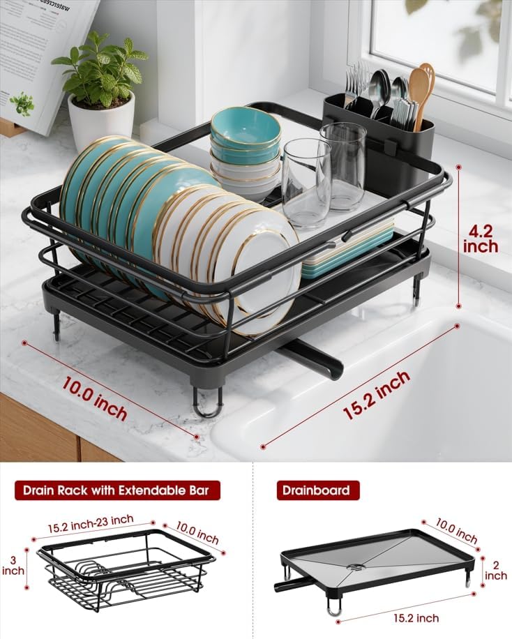 Sakugi Dish Drying Rack in Sink - Expandable Stainless Steel Dish Rack Over the Sink, Kitchen Sink Drain Strainer with Cutlery Holder & Cup Holders, 15.4 x 9.8 x 3.0 Inch, Silver
