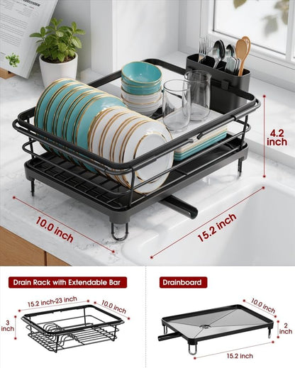 Sakugi Dish Drying Rack in Sink - Expandable Stainless Steel Dish Rack Over the Sink, Kitchen Sink Drain Strainer with Cutlery Holder & Cup Holders, 15.4 x 9.8 x 3.0 Inch, Silver