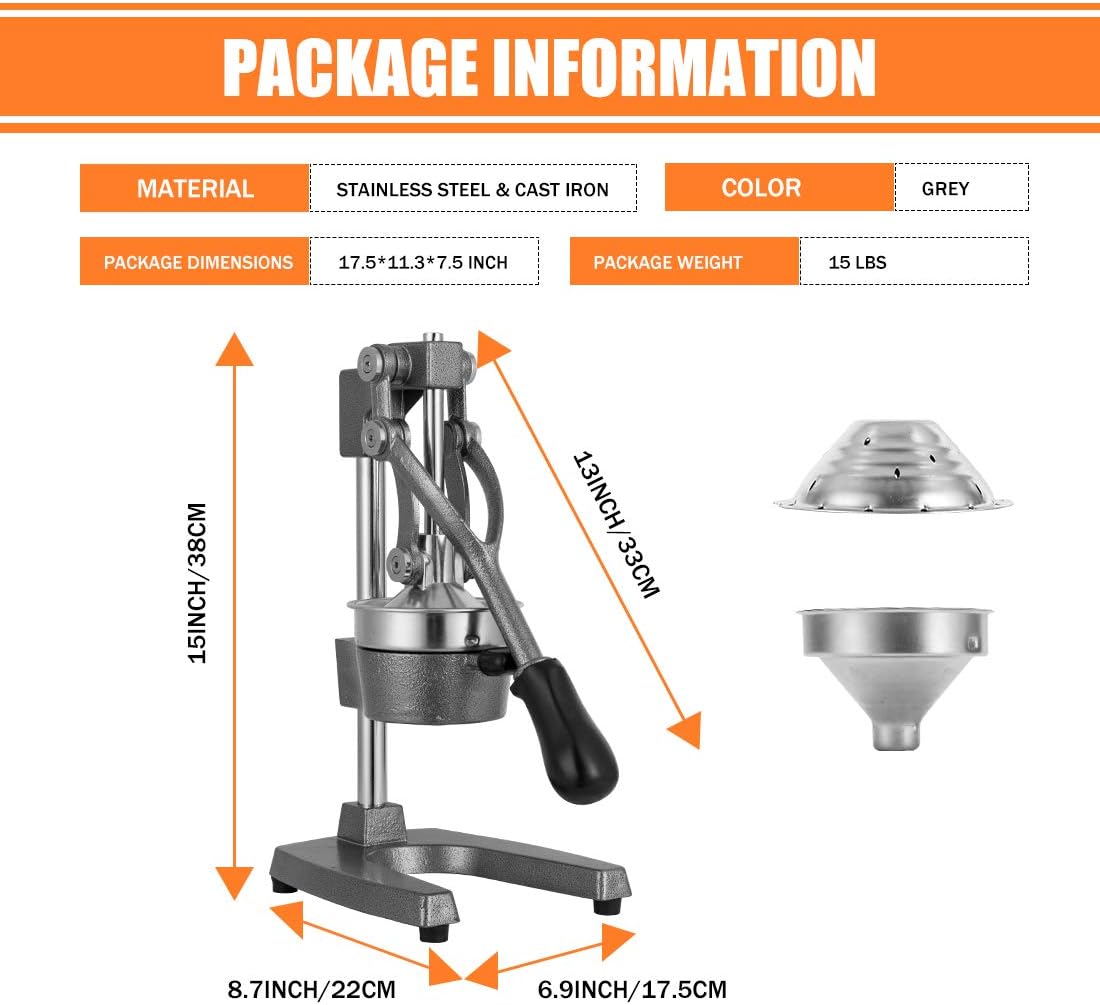 Commercial Heavy Duty Cast Iron Hand Press Manual Orange Citrus Lemon Lime Grapefruit Pomegranate Fruit Juice Squeezer Machine with Stainless Steel Cup