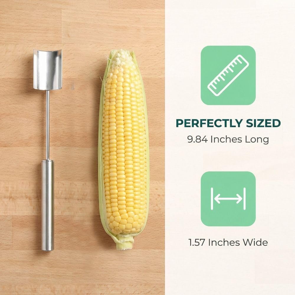Stainless Steel Corn Stripper Tool – Long Handle Manual Kernel Peeler for Kitchen Use, Push-Down Design with Finger Protection, Dishwasher Safe