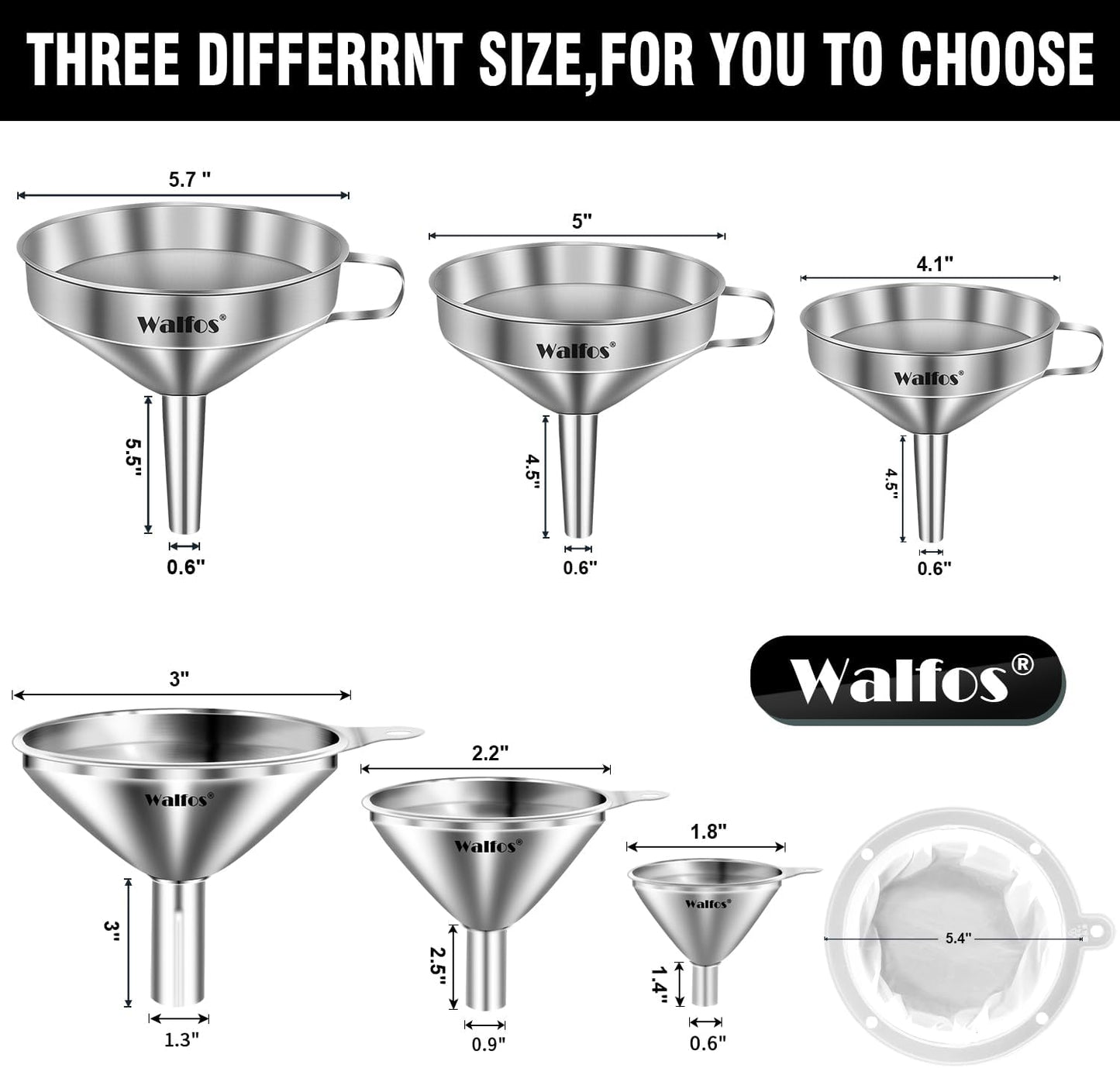 Stainless Steel Funnel, Walfos 3 Pack Kitchen Funnel with 2 Removable Strainer ＆ 1Pcs Cleaning Brush, Perfect for Transferring of Liquid, Oils, Jam, Dry Ingredients & Powder