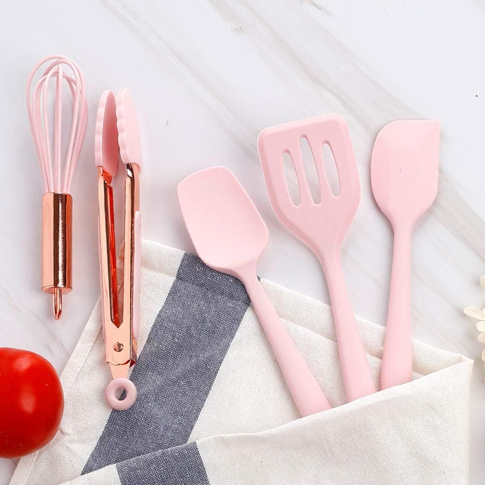 Collfa Rose Gold And Pink Kitchen Utensil Small Five-Piece Set Mini Silicone Kids Kitchen Tools Whisk Spatula Tongs Spoon And Slotted Spatula(Kids Baking Supplies)