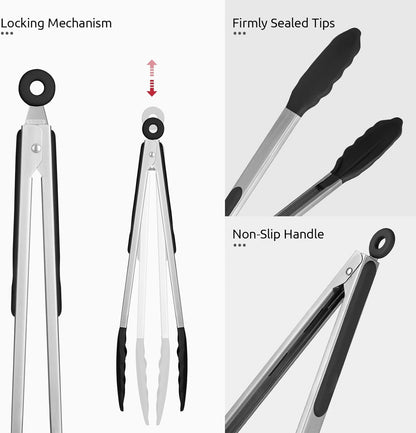 600ºF Heat Resistant Kitchen Tongs: U-Taste 9 inch Silicone Cooking Tong with Firm Sealed Non Stick Rubber Tips & Silicon Coated 18/8 Stainless Steel Handle & Smooth Locking for Serving Salad (Black)