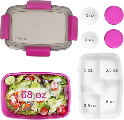 Caperci Large Salad Container Bowl for Lunch - Better Adult Bento Lunch Box 68 oz, 5-Compartment Tray, 2pcs 3-oz Sauce Cups, Stackable, BPA-Free (Navy)