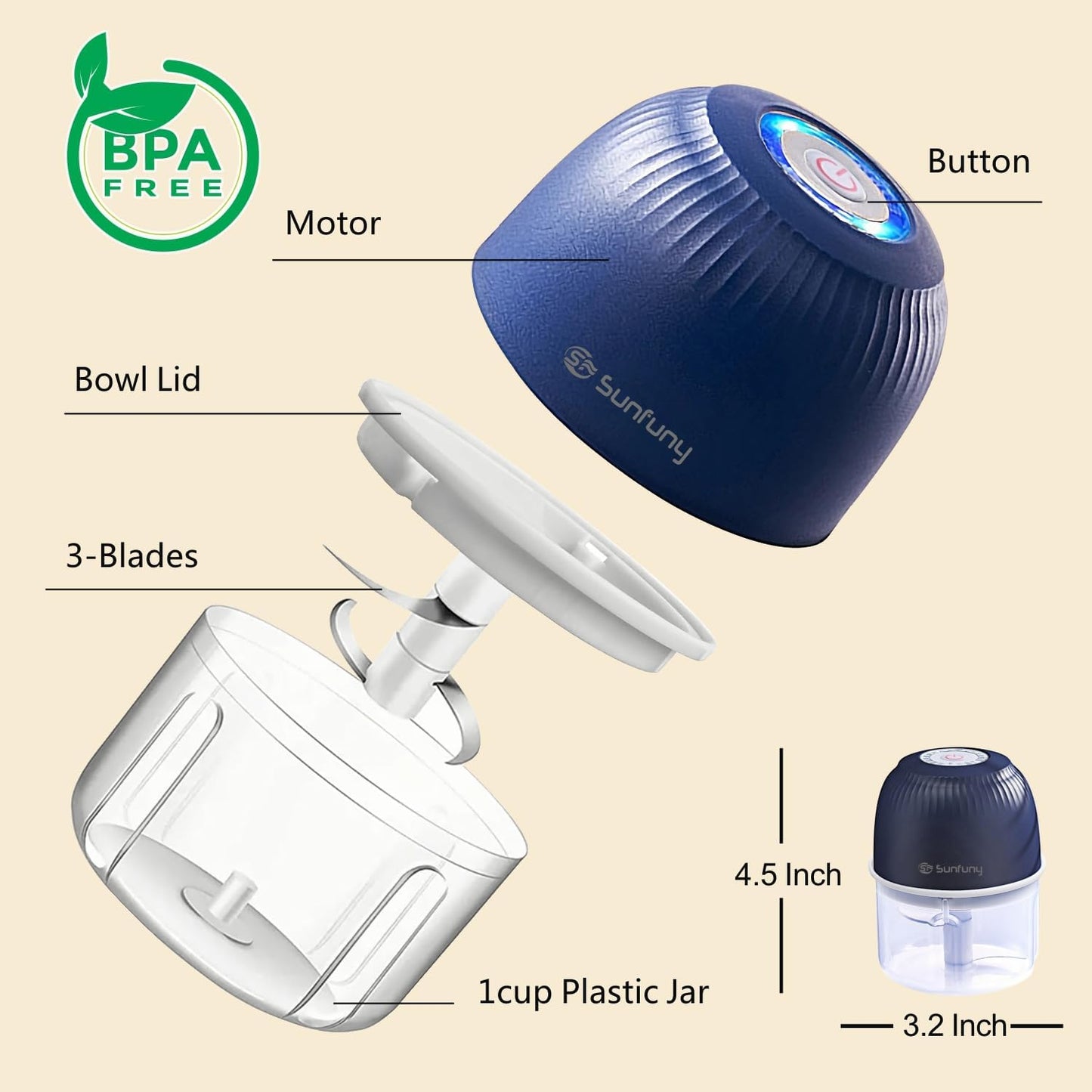 Mini Garlic Chopper, 250ml Small Food Processor Cordless 1 Cup, Battery USB-C Rechargeable Electric Food Chopper Wireless, Portable Garlic Grinder Masher,Veggie Meat Blender Mincer Kitchen Mixer,White