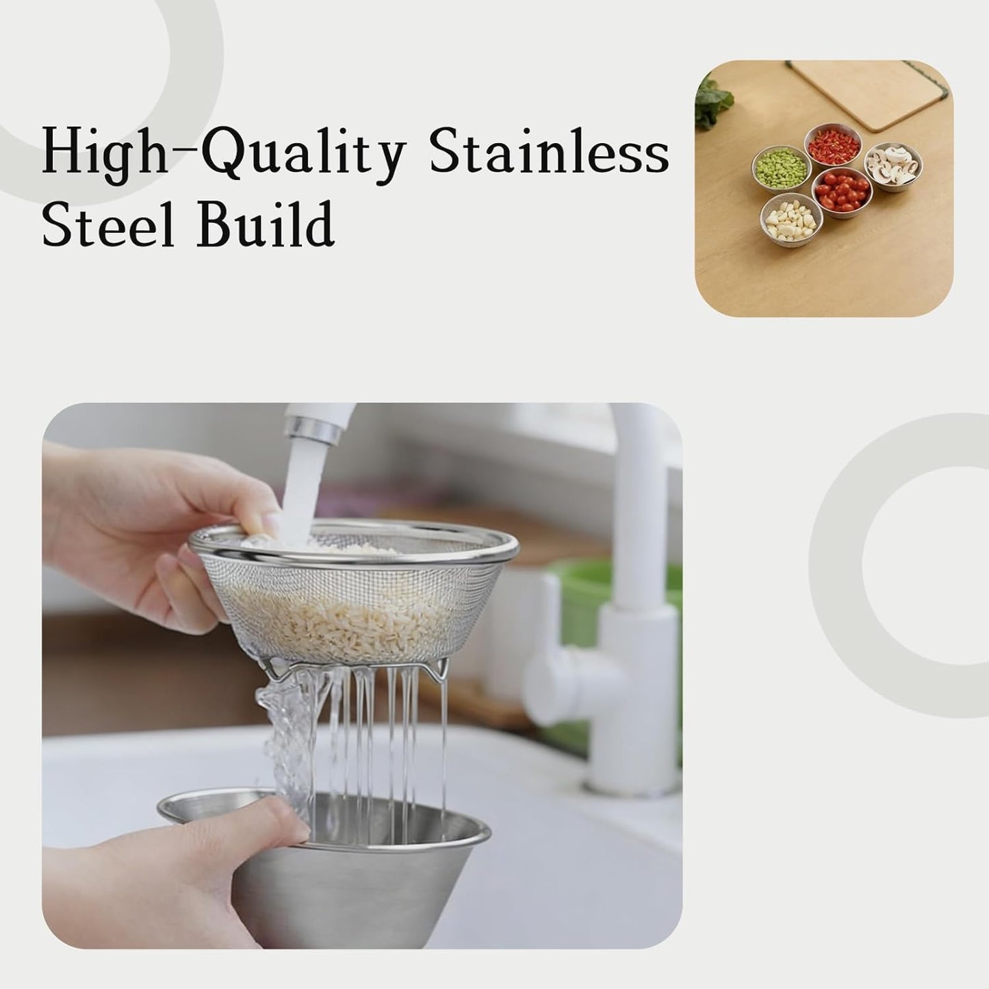 304 Stainless Steel Rice Washer & Small Colander: 5.5-Inch Fruit Washing Bowl with Strainer, Multifunctional Rice Strainer (700ML)