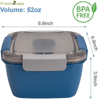 Freshmage Salad Lunch Container To Go, 52-oz Salad Bowls with 3 Compartments, Salad Dressings Container for Salad Toppings, Snacks, Men, Women (Blue)