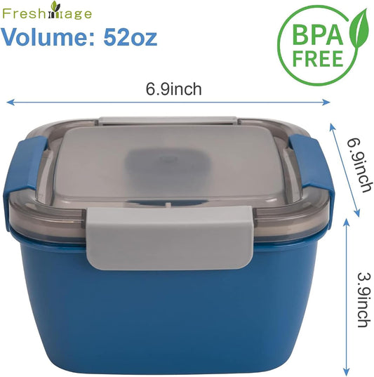 Freshmage Salad Lunch Container To Go, 52-oz Salad Bowls with 3 Compartments, Salad Dressings Container for Salad Toppings, Snacks, Men, Women (Blue)