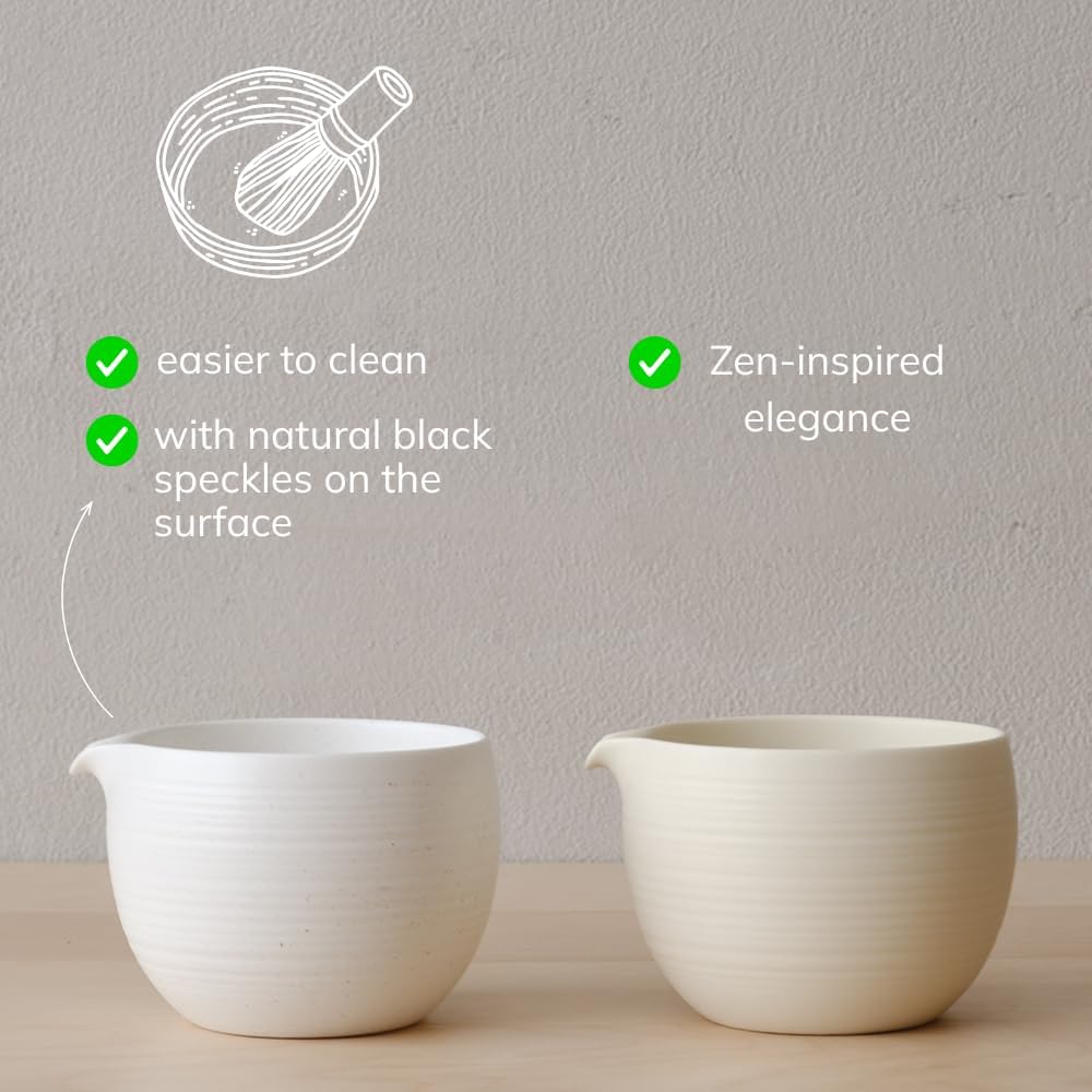 Matcha Whisk Set, Ceramic Matcha Bowl & Whisk Holder, Bamboo Accessory, Modern Design (Matte Crème, Pouring Spout) (Matte Crème)
