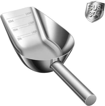 Dog-Cat Food Scoop 1 Cup – Thickened 304 Stainless Steel Pet Food Scoop with Long Handle, Precision Scale, Easy to Clean, Suitable for Wet Dry Food