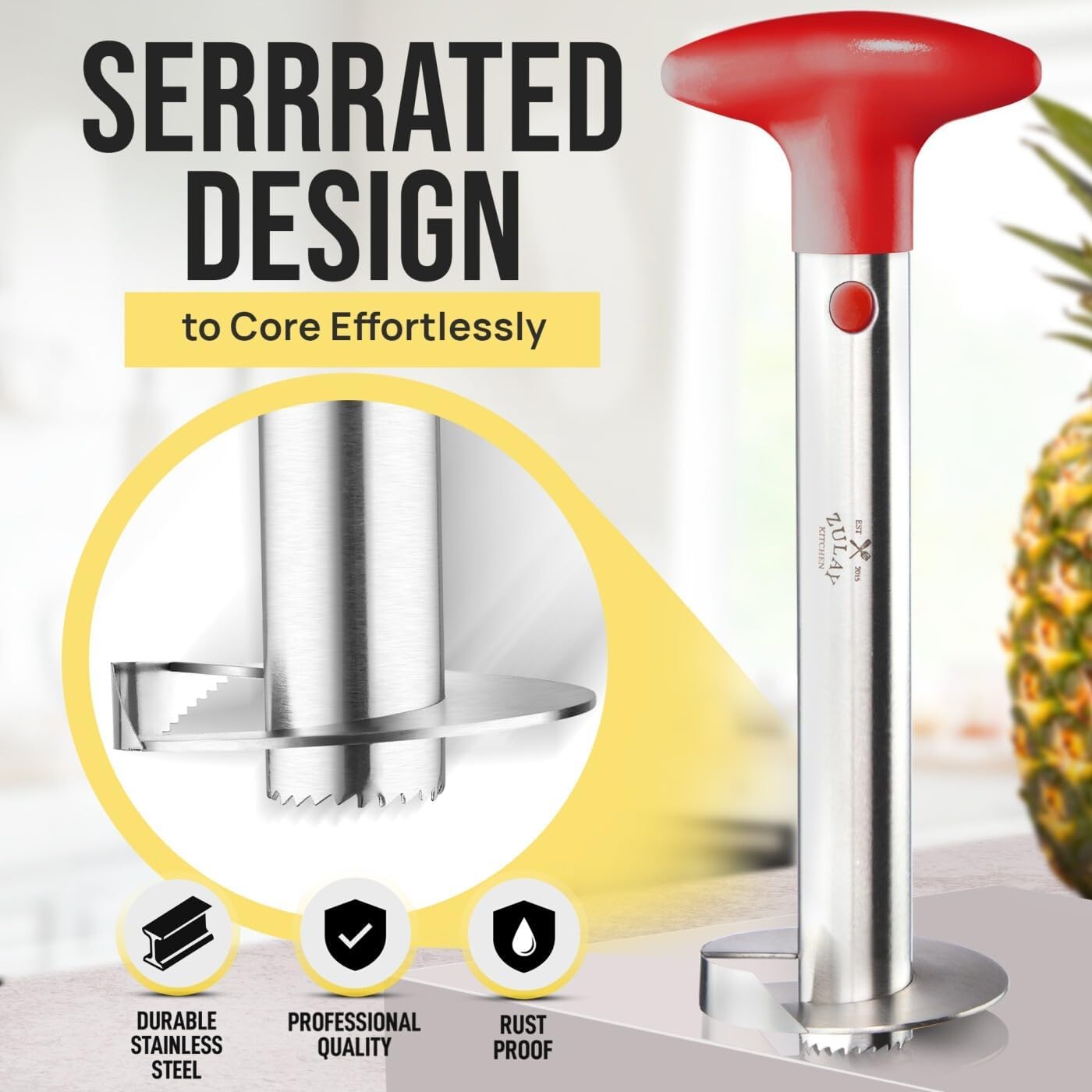 Zulay Kitchen Stainless Steel Pineapple Corer & Slicer – Heavy Duty Pineapple Cutter & Eye Removal Tool – Effortless Core Remover Tool with Sharp Reinforced Blade & Ergonomic Handle - Black