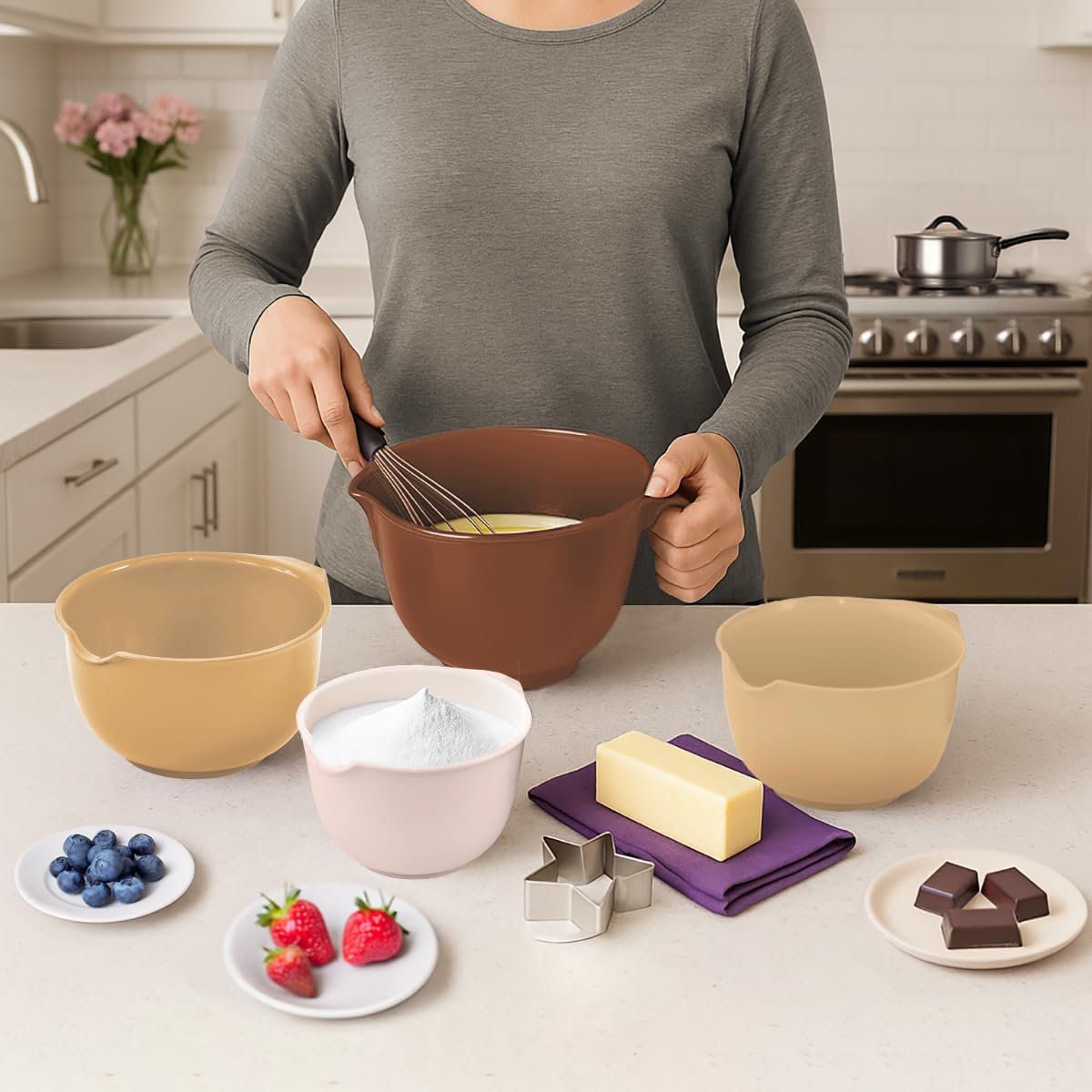 Glad Mixing Bowls with Pour Spout, Set of 4 - Nesting Plastic Bowls (1.2qt, 1.9qt, 2.8qt, and 3qt with Handle) - Non Slip Base, Dishwasher Safe Kitchen Cooking and Baking Supplies, Grey