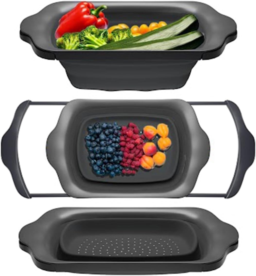 Comfify XL Large Kitchen Strainer - Collapsible Silicone Over - The-Sink Colander with Extendable Handles - Use with Pasta, Fruit, Berries & Veggie - 6 Quart - Blue