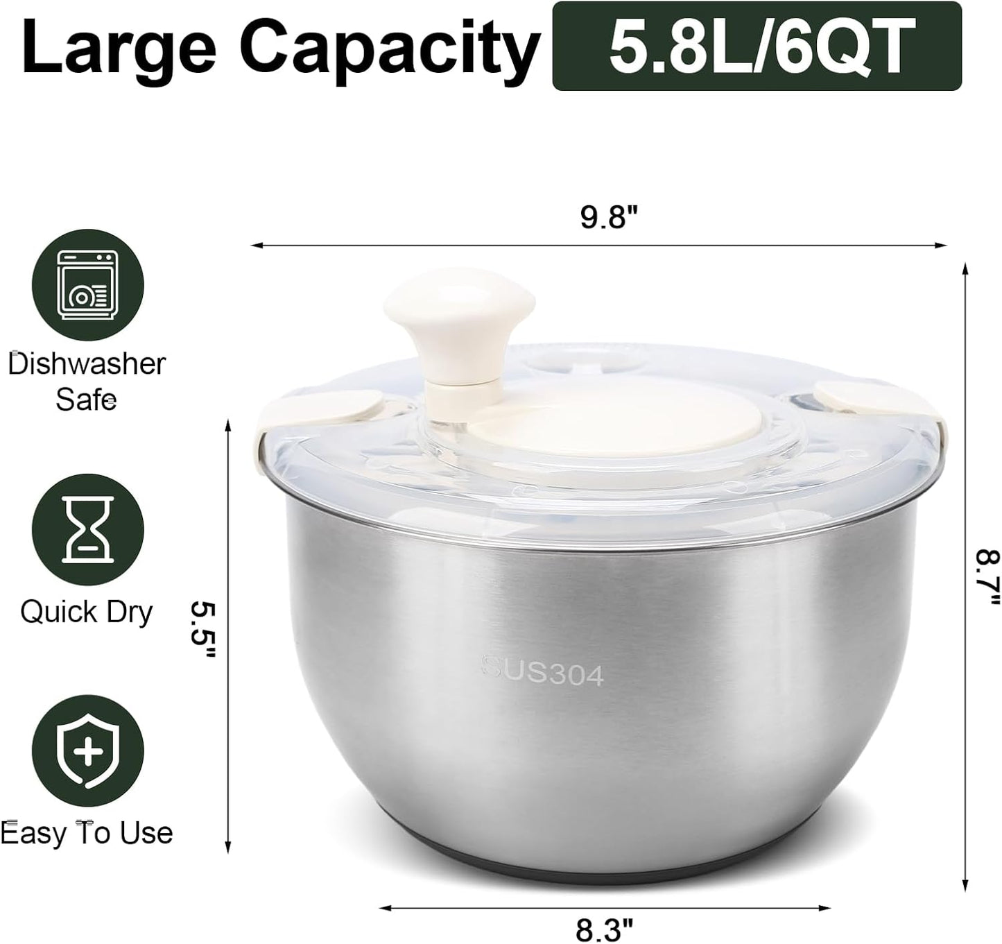 Stainless Steel Salad Spinner, Lettuce Spinner with Drain, fruit washer 6 QT with PP Cover Non-Slip Base, 3-in-1 Vegetable Wash Bowl for Dehydrating Lettuce, Fruits and Vegetables, Pasta