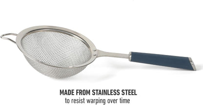 Calphalon Edge Stainless Steel Strainer, Fine Mesh Kitchen Colander Strainer with Thermoplastic Rubber Handle, Sifter for Rinsing, Draining & Straining Food, Navy