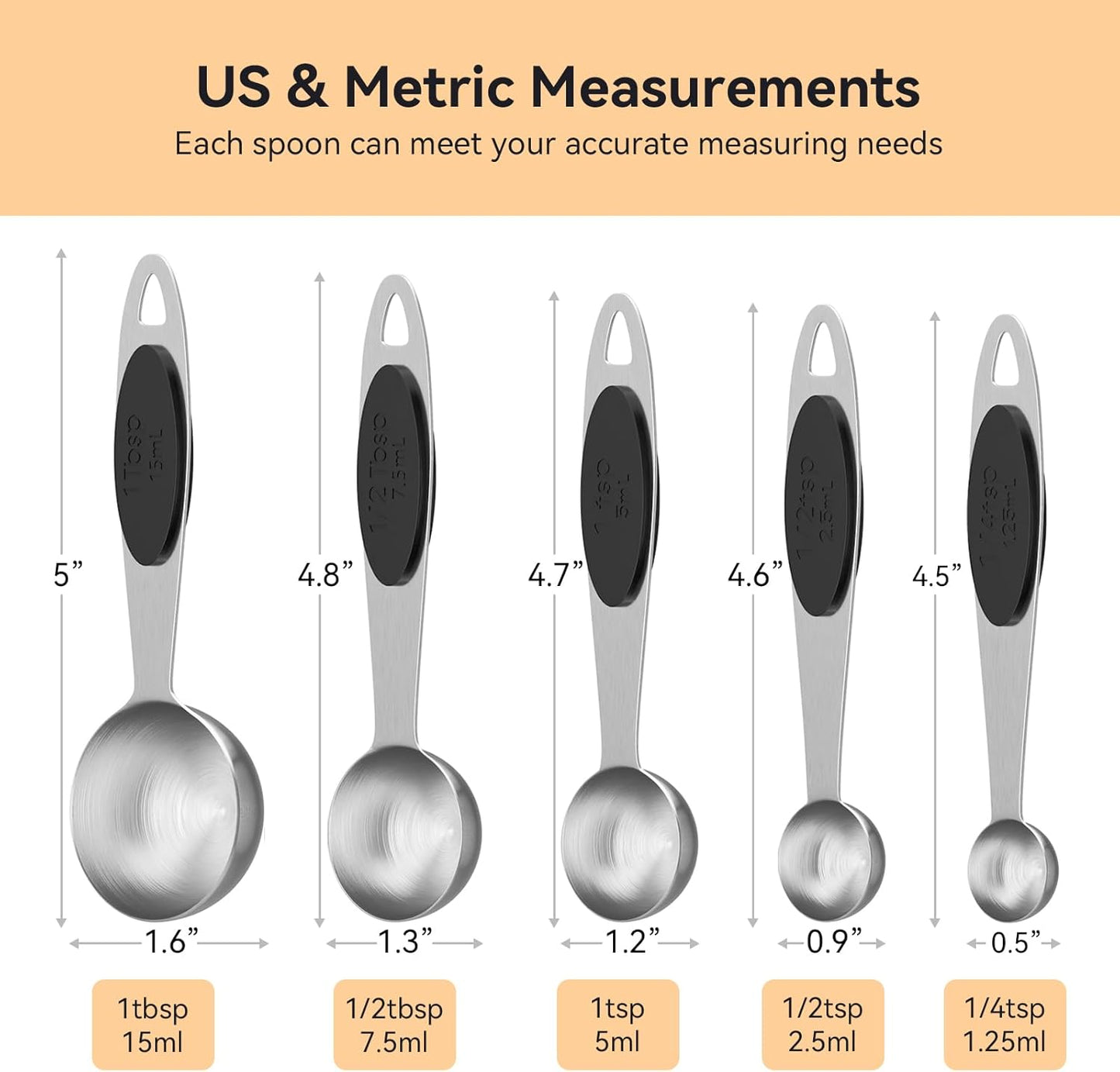 LEIFENY Magnetic 18/8 Measuring Spoons Set of 5, 304 Stainless Steel Measure Spoon for Baking & Cooking, Stackable Metal Kitchen Gadgets Essentials