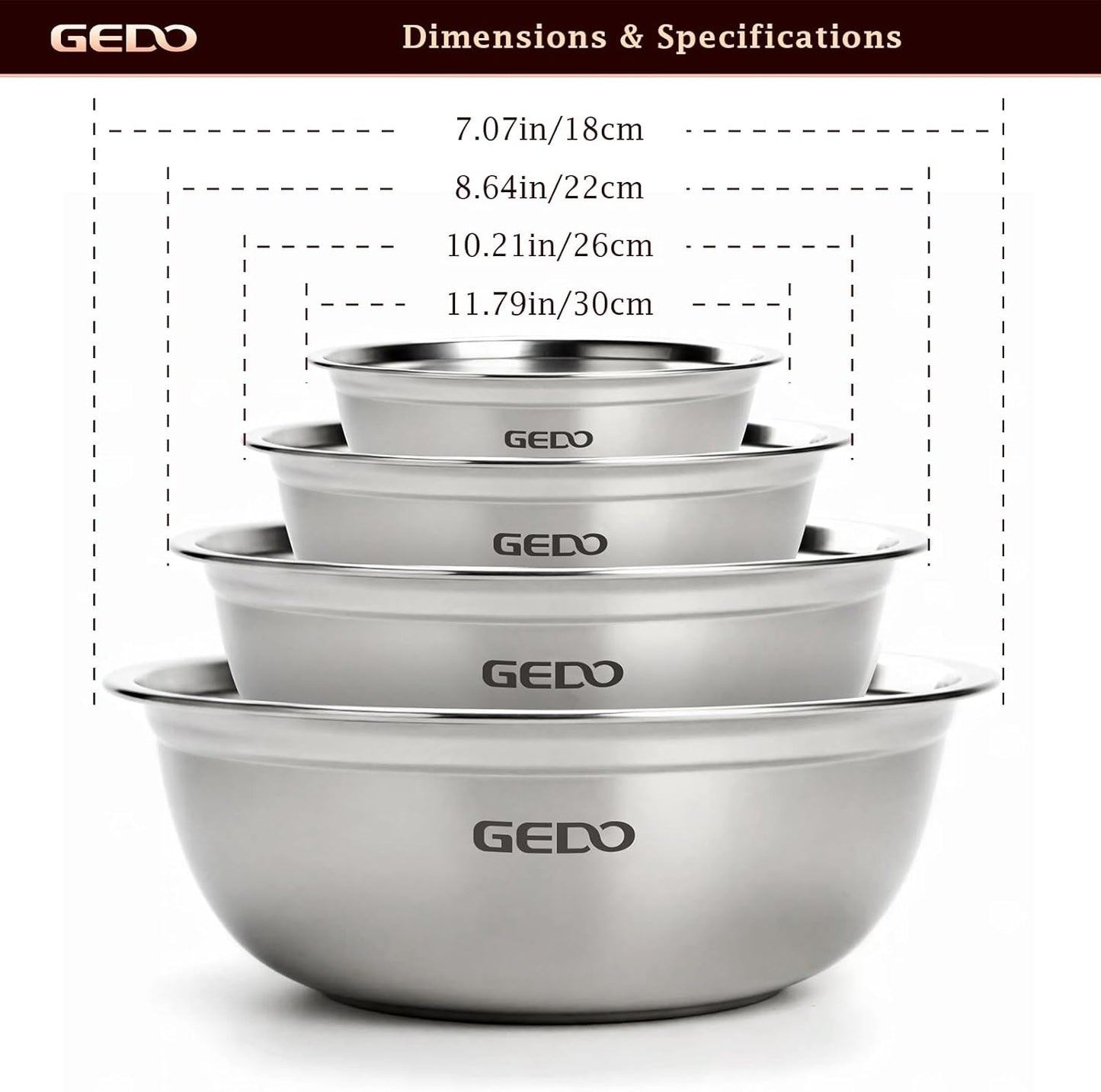 GEDO Stainless Steel 4 Piece Mixing Bowls Set, SUS316 Metal Nesting Bowls, Silver, Kitchen Food Prep Serving Bowls (7.07/8.64/10.21/11.79 in)