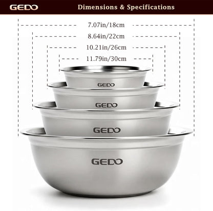 GEDO Stainless Steel 4 Piece Mixing Bowls Set, SUS316 Metal Nesting Bowls, Silver, Kitchen Food Prep Serving Bowls (7.07/8.64/10.21/11.79 in)
