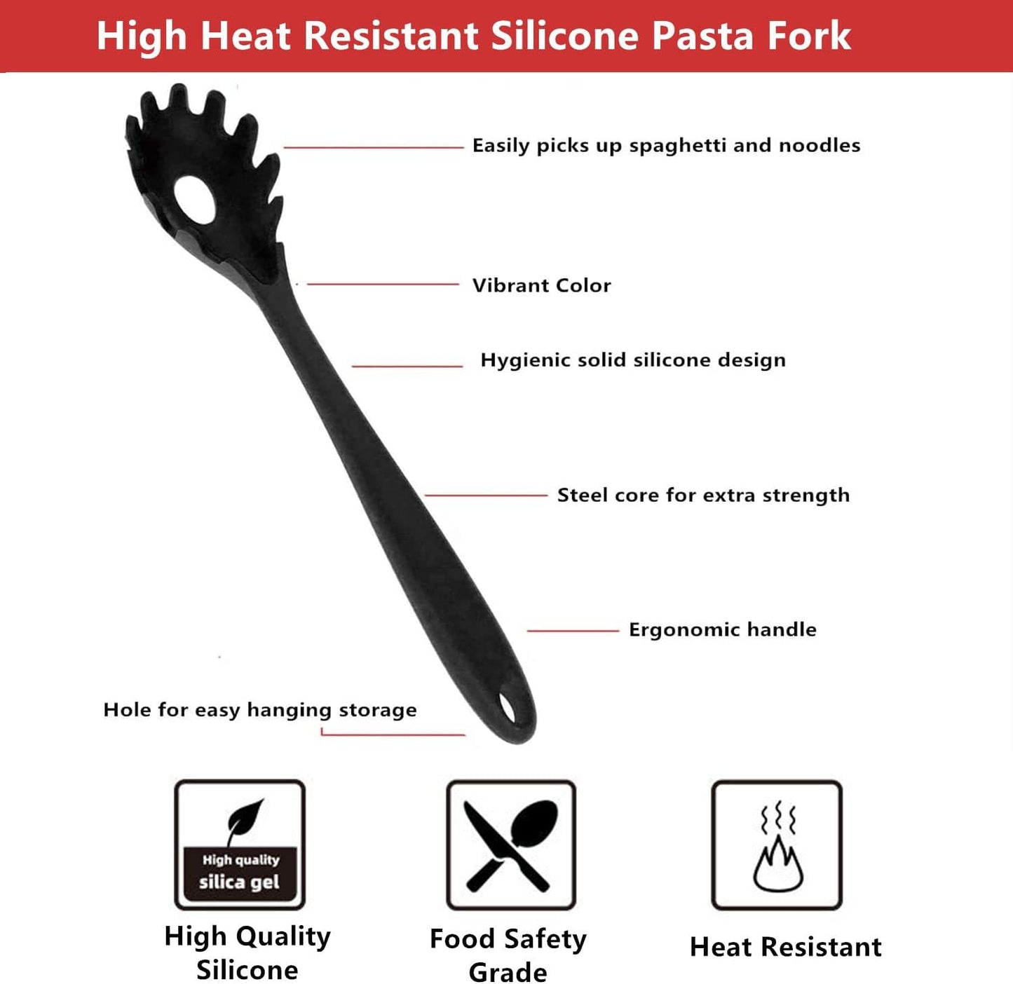 Spaghetti Spoon Pasta Fork,Silicone Pasta Fork,11.2 inch Spaghetti Strainer Kitchen High Heat Resistant Noodle Spoon Server,Food Grade Pasta Spoon with Stainless Steel Handle,BPA Free (Black)