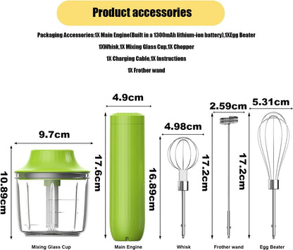 Cordless Hand Mixer MixgoII, Handheld Mixer Electric Whisk & Milk Frother, Hand Held Mini Mixers, Rechargeable Hand Mixer and Whisker, Food Processor for Cooking, Food Chopper, 4-Speed, 10Oz