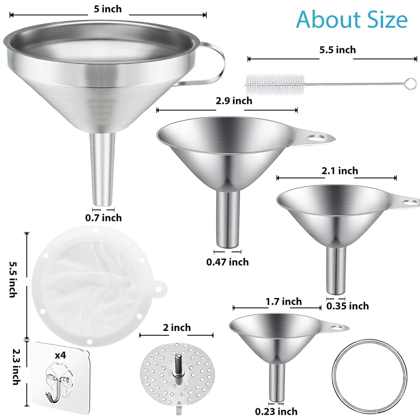 Toncoo 3 Pack Stainless Steel Funnels for Kitchen Use, Food Grade Cooking Funnel with 3 Strainer, Kitchen Funnel Set Metal Funnels for Filling Bottles