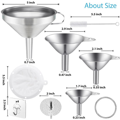 Toncoo 3 Pack Stainless Steel Funnels for Kitchen Use, Food Grade Cooking Funnel with 3 Strainer, Kitchen Funnel Set Metal Funnels for Filling Bottles