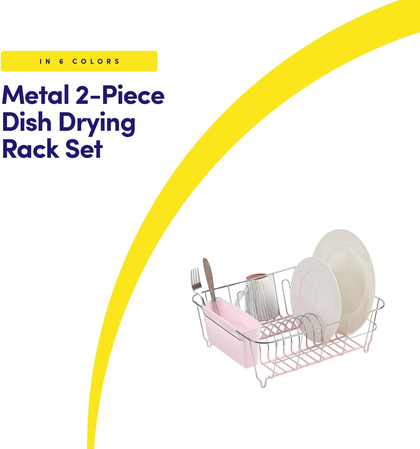 Dish Drying Rack & Cutlery Holder 2 Piece Set - Compact Sink-Fitting Dish Drainer with Rubberized Undercoating, Space-Saving Kitchen Organizer for Plates, Cups, Bowls & Utensils in Sink, Silver
