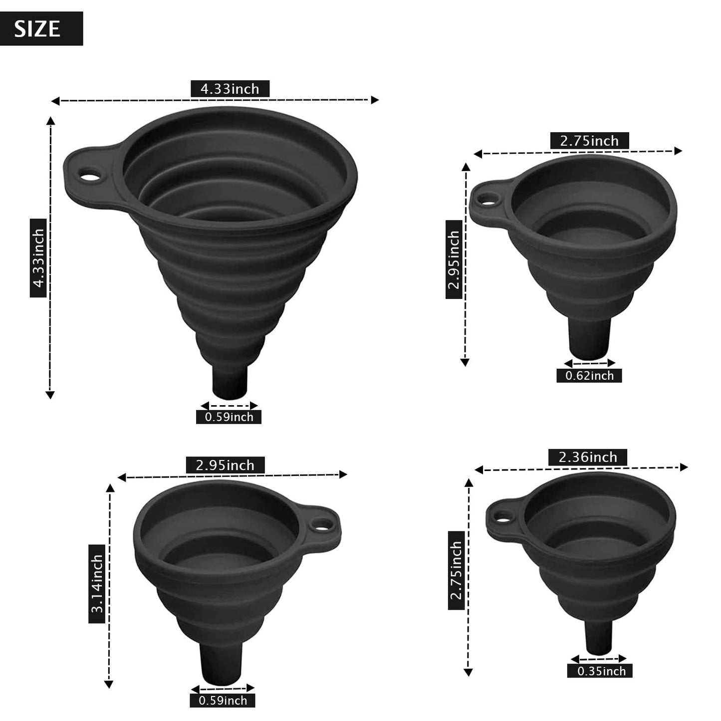 Set of 4 Silicone Collapsible Kitchen Funnel - X-Small to Large Sizes for Easy Liquid Transfer Food Grade Silicone Collapsible Gadgets (Multicolor)