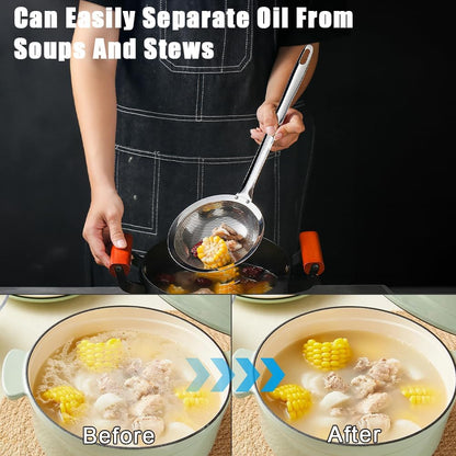 2PCS Stainless Steel Fine Mesh Skimmer, Fat Skimmer Spoon, 2 Sizes Long Handle Hand Held Strainer, Grease Spoon Skimmer For Cooking, Frying, Pasta, Egg, Foam