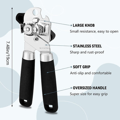 KTOJOY Heavy Duty Stainless Steel Smooth Edge 3-In-1 Multifunctional Manual Strong Can Bottle Opener – Soft-Grip Black