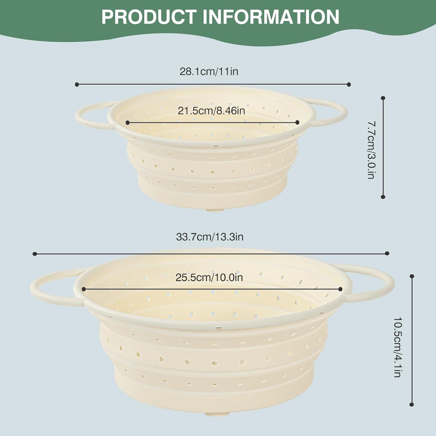 Kkioiome Strainers and Colanders, Silicone Collapsible Sink Collander, 13in, Strainers and Colanders for Kitchen, Large Drainer for Vegetable, Food, Pasta (White)