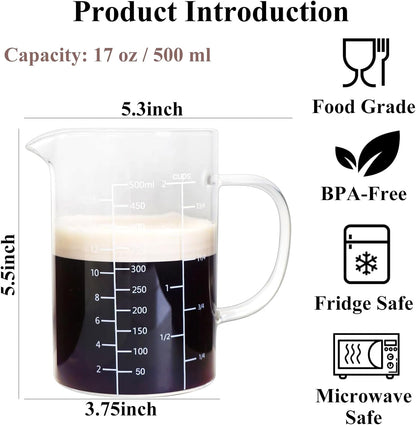 Glass Measuring Cup with Handle, 500 ML High Borosilicate Glass Three Scales (OZ, Cup, ML/CC) easuring Beaker for Kitchen or Restaurant, V-Shaped Spout Glass Measuring Beaker, Easy To Read