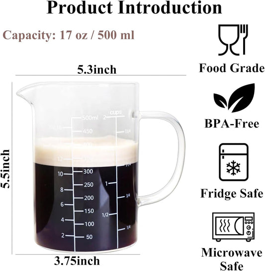 Glass Measuring Cup with Handle, 500 ML High Borosilicate Glass Three Scales (OZ, Cup, ML/CC) easuring Beaker for Kitchen or Restaurant, V-Shaped Spout Glass Measuring Beaker, Easy To Read
