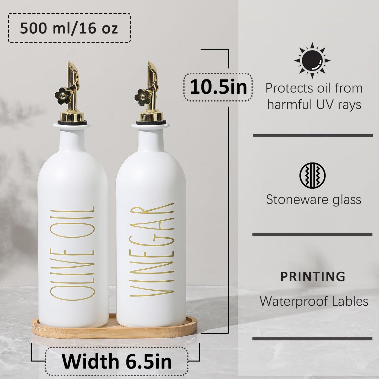 HOMCDALY Premium Olive Oil Dispenser for Kitchen, 11.8oz Glass Oil Bottles with Bamboo Tray, White and Gold Oil&Vinegar Cruet Set, Kitchen Dispenser Bottles with Pourer| Set of 2 (11.8oz –P–Gold)