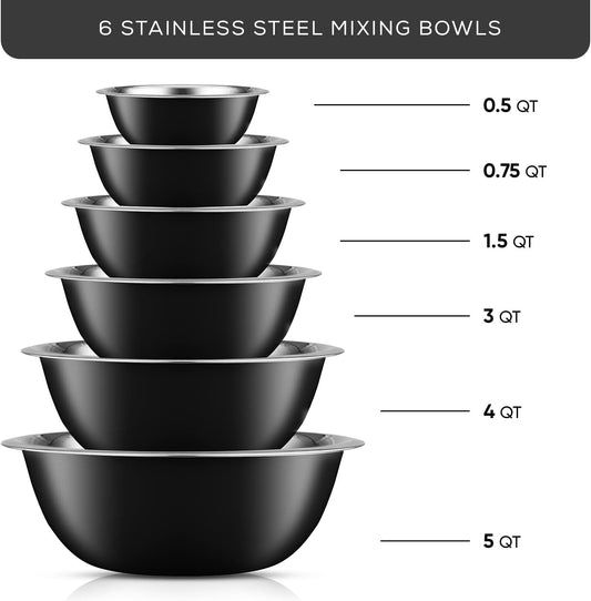 JoyJolt Stainless Steel Mixing Bowl Set of 6-5qt to 0.5qt Nesting Bowls for Dough, Batter & Baking