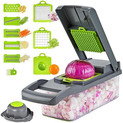 All-In-One, 12 Blade Mandoline Slicer, Vegetable Spiralizer, Cutter, Dicer, Food Chopper, Grater, Kitchen Gadgets Sets with ContainerPro Onion Chopper Veggie Chopper With Container(Grey green) slicer