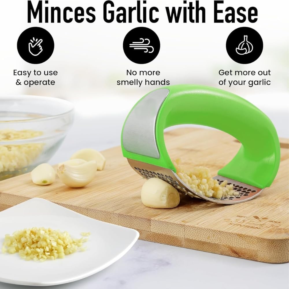 Angel's Peel Lounge Stainless Steel Garlic Press Rocker Set with Silicone Garlic Peeler & Cleaning Brush – Garlic Chopper, Mincer, Grater, Crusher – Easy for Crushed Cloves – Rust-Resistant, Black