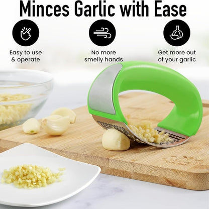 Angel's Peel Lounge Stainless Steel Garlic Press Rocker Set with Silicone Garlic Peeler & Cleaning Brush – Garlic Chopper, Mincer, Grater, Crusher – Easy for Crushed Cloves – Rust-Resistant, Black