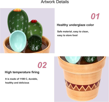 5 Pieces Measuring Spoons Set/Ceramics Spoons and Measuring Base Cup/for Dry and Liquid Ingredient, Cute Cactus Shape (Solid color base)