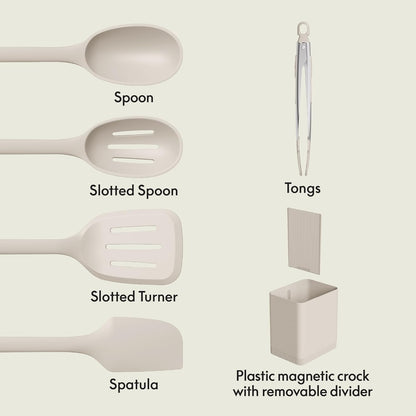 bella 6-Piece Modular Tool Set, Silicone, Turner, Spoon, Slotted Spoon, Spatula, Tongs, Crock with removable divider, Non-toxic*, Food-grade, Heat safe to 425°F, Dishwasher Safe, Slate