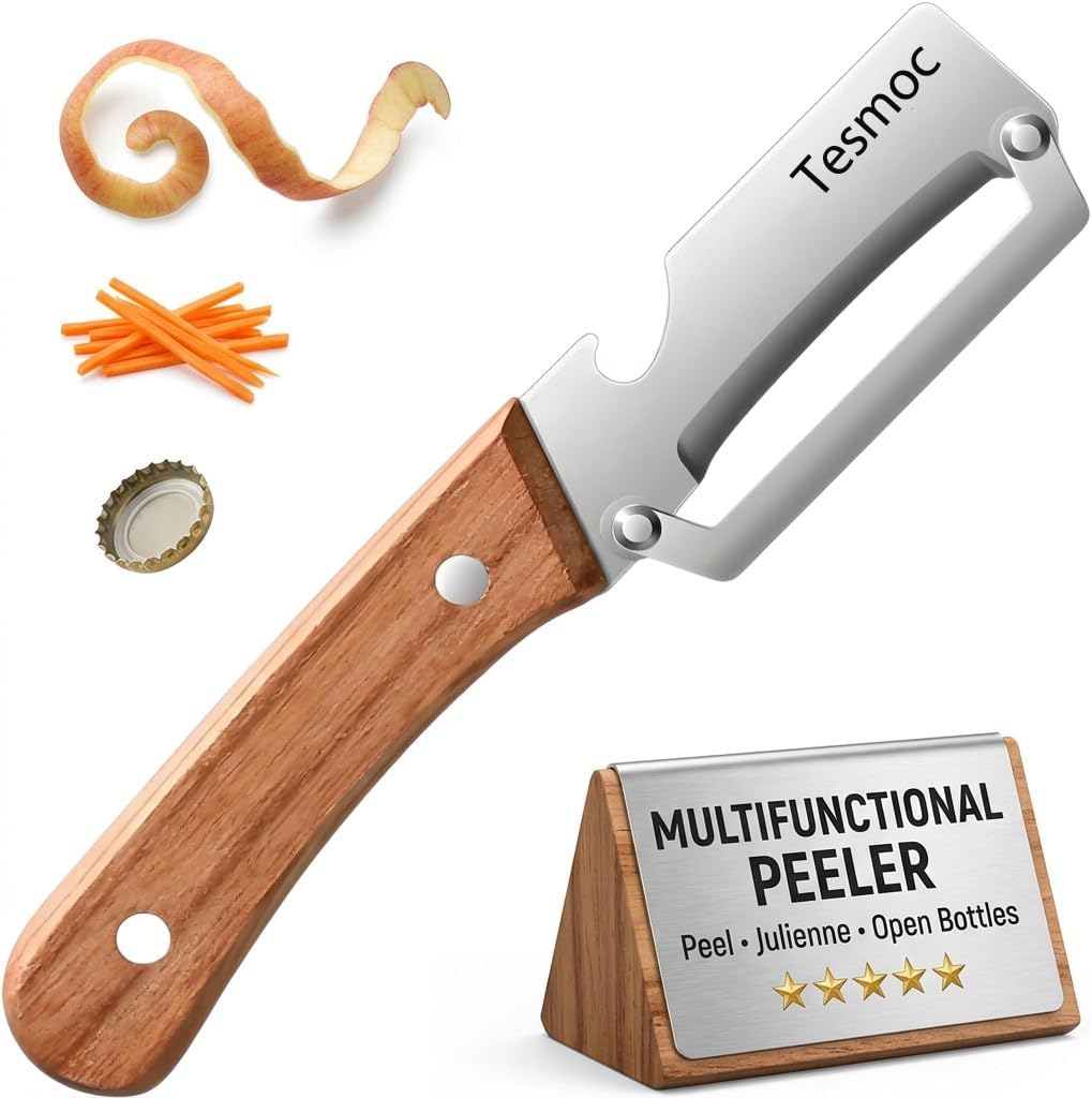 Multifunctional Vegetable Peeler for Kitchen, 2 Pack Stainless Steel Veggie Peeler Knife with Wooden Handle & Bottle Opener for Potato, Cucumber, Orange, Pineapple (2)