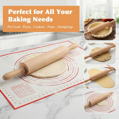 Wood Rolling Pin with Silicone Baking Mat Wood Base, Non Stick Surface Dough Roller with Handle, Fondant Roller Beech Rolling Pins for Baking Pizza Pastry Bread Cookies